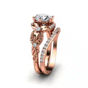 Unique 14K Gold Vintage Floral 2 Ct Lab Created Diamond Engagement Ring Set