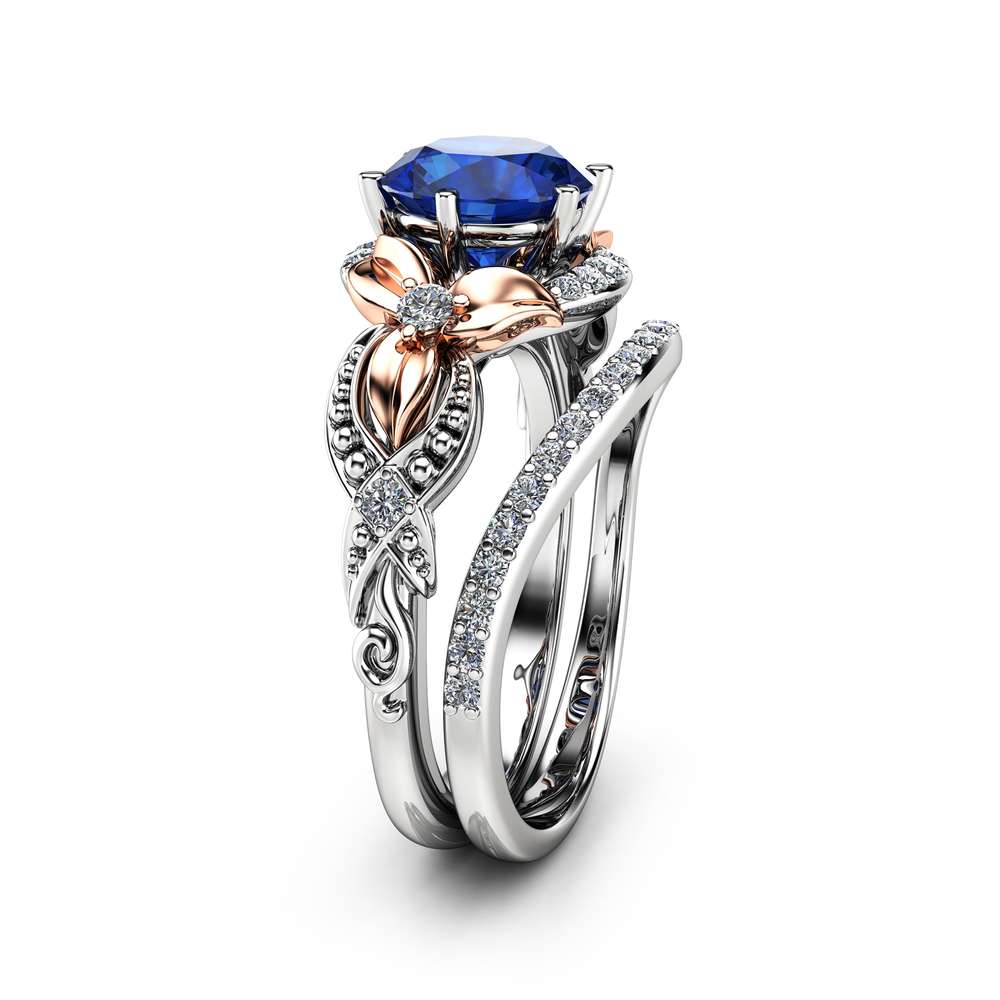2CT Blue Sapphire Engagement Ring Set Floral Vintage Matching Rings 14K Two Tone Gold Engagement Rings 1 2CT Blue Sapphire Engagement Ring Set Floral Vintage Matching Rings 14K Two Tone Gold Engagement Rings