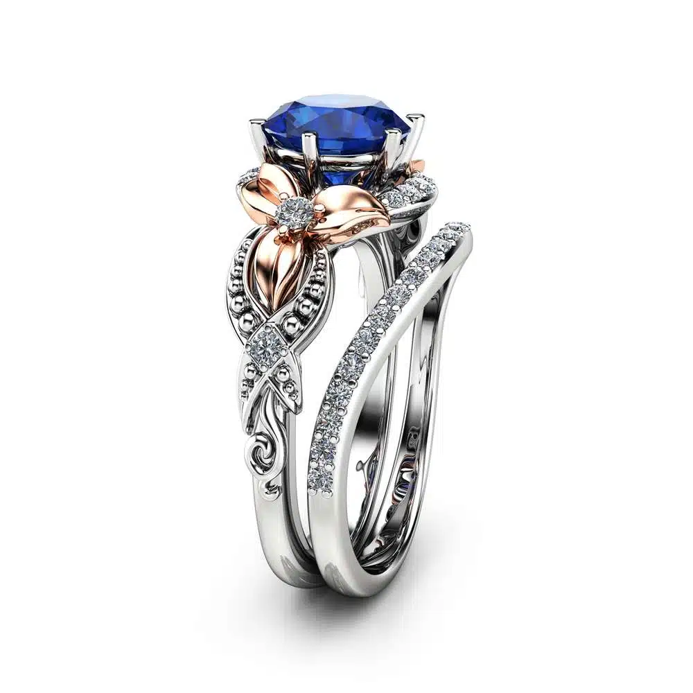 2CT Blue Sapphire Engagement Ring Set Floral Vintage Matching Rings 14K Two Tone Gold Engagement Rings 1 2CT Blue Sapphire Engagement Ring Set Floral Vintage Matching Rings 14K Two Tone Gold Engagement Rings