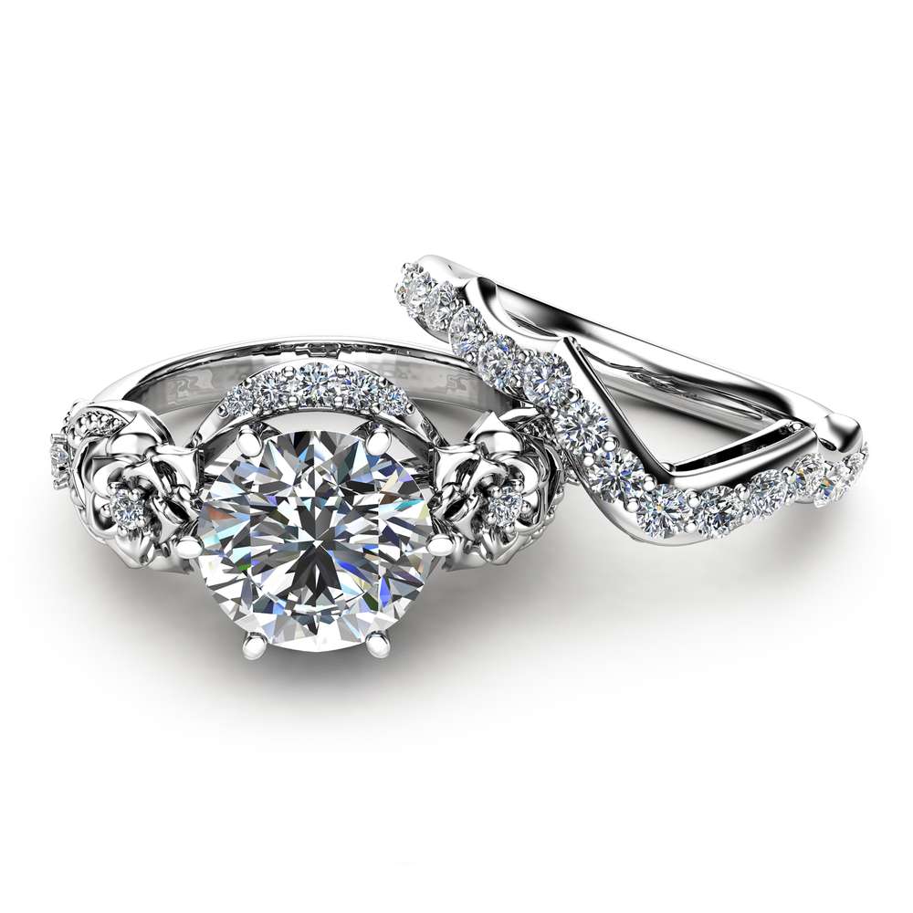 Moissanite Engagement Ring Set 14K White Gold Moissanite Ring Floral Engagement Ring with Matching Diamond Band
