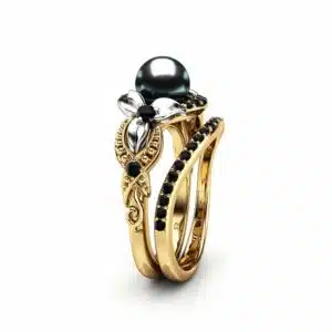 Black Pearl Engagement Ring Set White Gold Ring Flower Engagement Ring Gold Pearl Ring