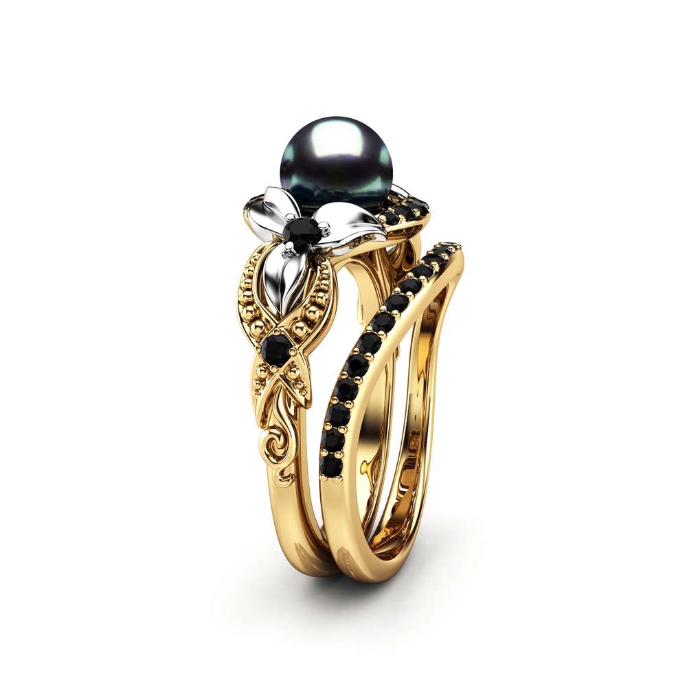 Black Pearl Engagement Ring Set White Gold Ring Flower Engagement Ring Gold Pearl Ring 1 Black Pearl Engagement Ring Set White Gold Ring Flower Engagement Ring Gold Pearl Ring
