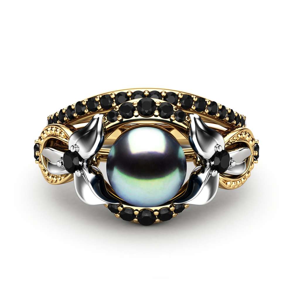 Black Pearl Engagement Ring Set White Gold Ring Flower Engagement Ring Gold Pearl Ring 2 Black Pearl Engagement Ring Set White Gold Ring Flower Engagement Ring Gold Pearl Ring