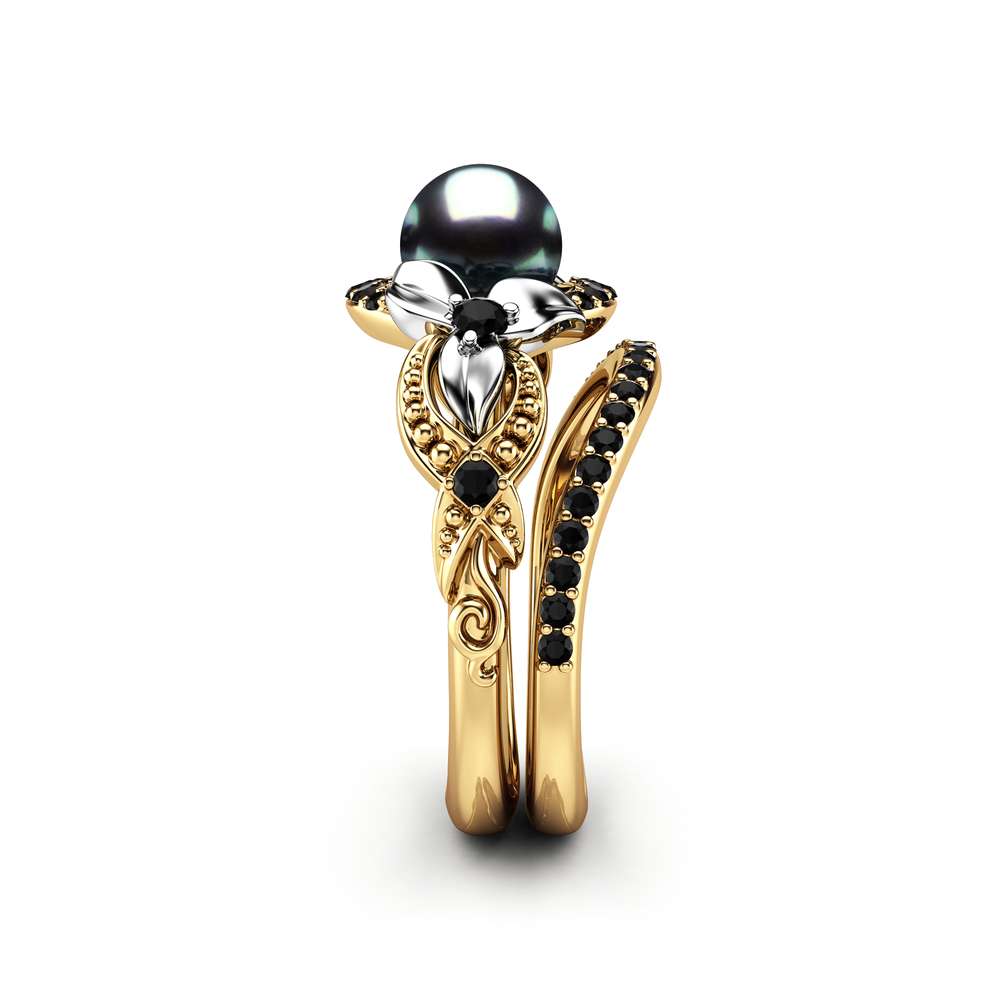 Black Pearl Engagement Ring Set White Gold Ring Flower Engagement Ring Gold Pearl Ring 3 Black Pearl Engagement Ring Set White Gold Ring Flower Engagement Ring Gold Pearl Ring