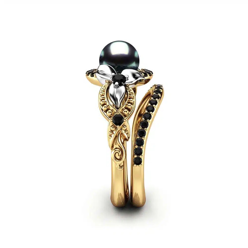 Black Pearl Engagement Ring Set White Gold Ring Flower Engagement Ring Gold Pearl Ring 3 Black Pearl Engagement Ring Set White Gold Ring Flower Engagement Ring Gold Pearl Ring