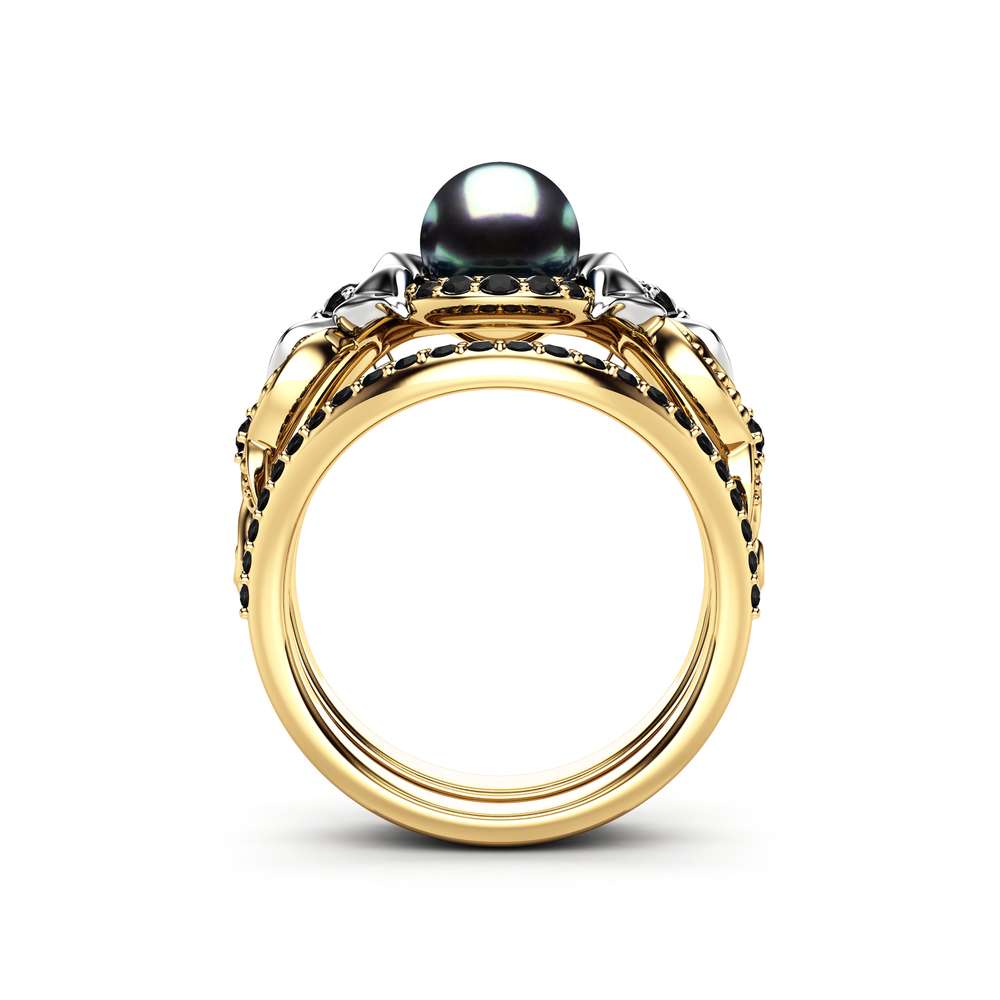 Black Pearl Engagement Ring Set White Gold Ring Flower Engagement Ring Gold Pearl Ring 6 Black Pearl Engagement Ring Set White Gold Ring Flower Engagement Ring Gold Pearl Ring