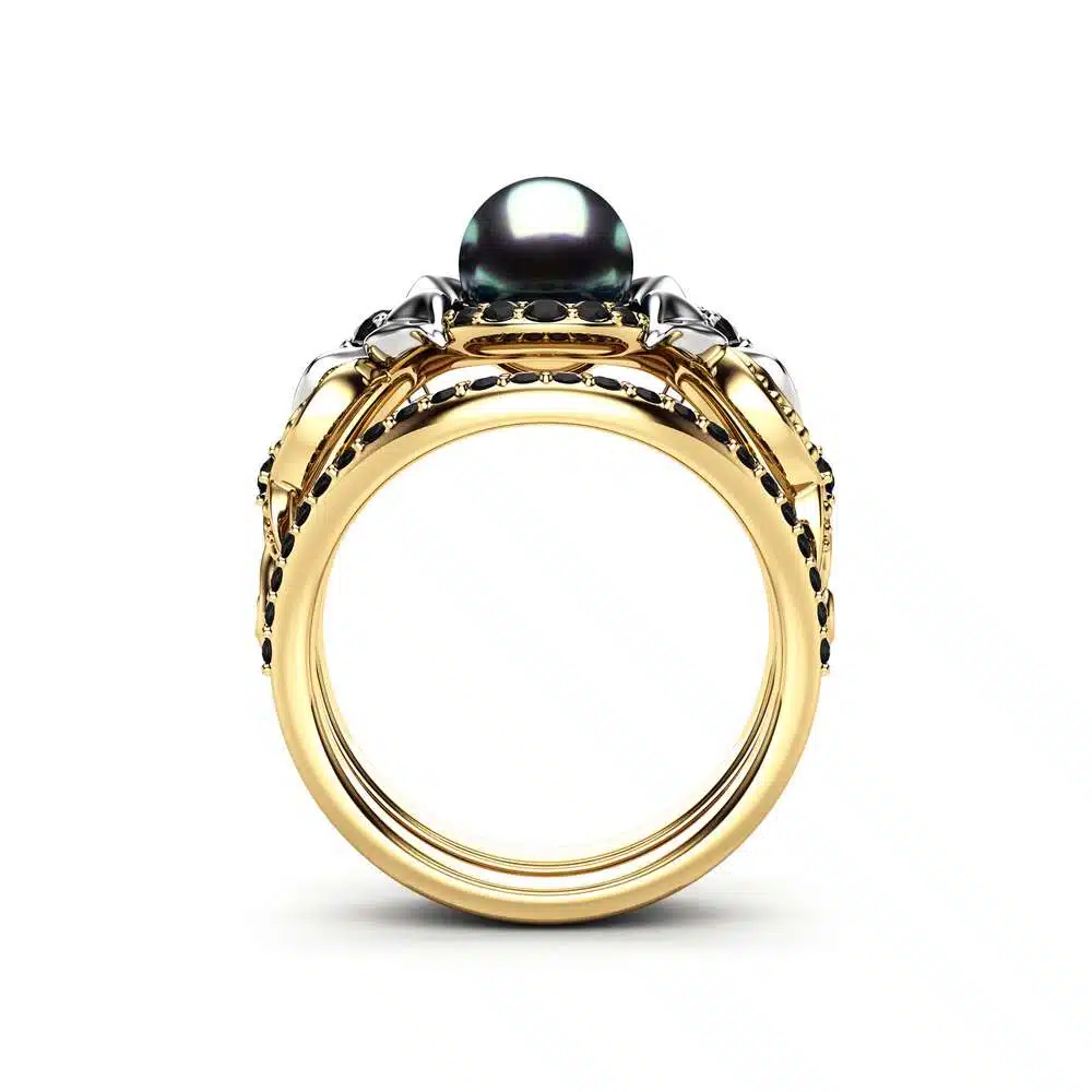 Black Pearl Engagement Ring Set White Gold Ring Flower Engagement Ring Gold Pearl Ring 6 Black Pearl Engagement Ring Set White Gold Ring Flower Engagement Ring Gold Pearl Ring
