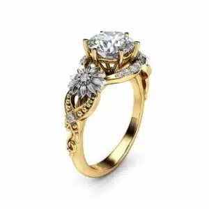 Sunflower moissanite engagement ring with sculpted floral accents and sparkling stones