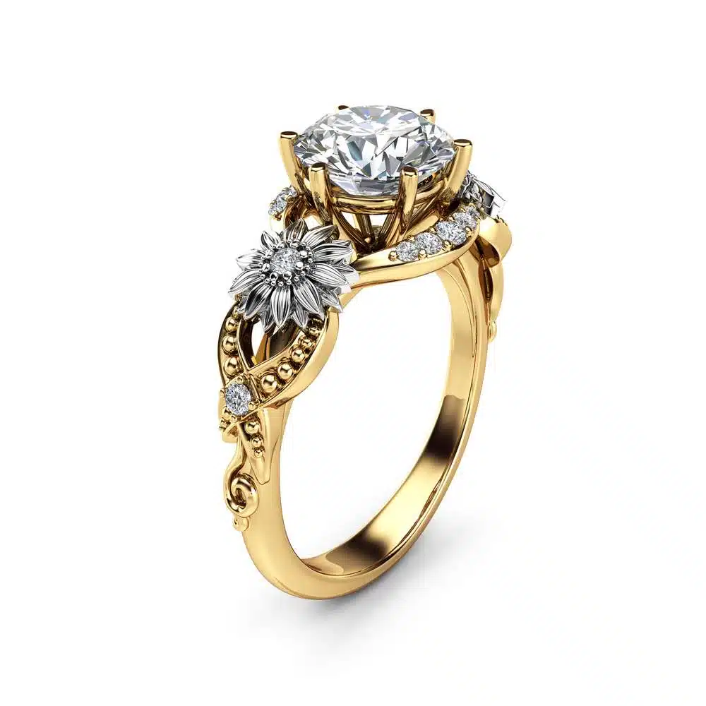 Sunflower moissanite engagement ring with sculpted floral accents and sparkling stones