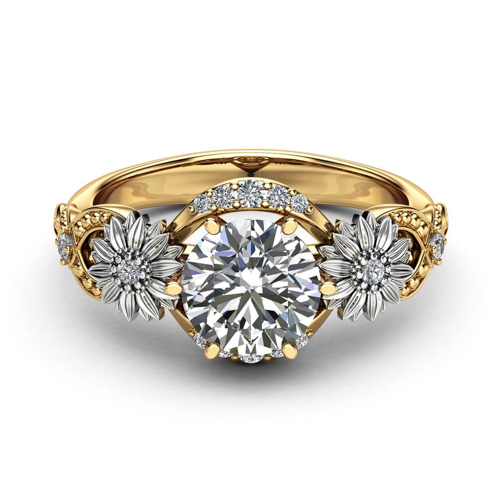 Sunflower Moissanite Engagement Ring 14K Two Tone Gold Engagement Ring Moissanite Sunflower Ring