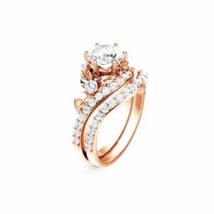 Flower Engagement Ring Set 14K Rose Gold Engagement Rings Flower 1ct Moissanite Ring with Half Eternity Band