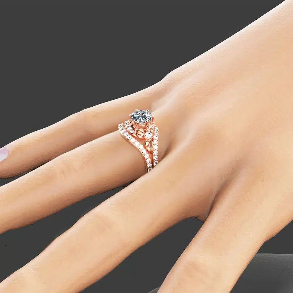 Flower Engagement Ring Set 14K Rose Gold Engagement Rings Flower 1ct Moissanite Ring with Half Eternity Band