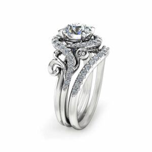 Moissanite Unique Engagement Ring Set 14K White Gold Engagement Rings Unique Moissanite Ring with Matching Band