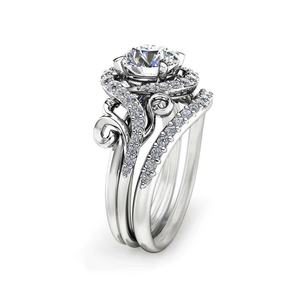 Moissanite Unique Engagement Ring Set 14K White Gold Engagement Rings Unique Moissanite Ring with Matching Band
