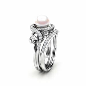 Pearl Engagement Ring Set White Gold Ring Leaf Engagement Ring Gold Pearl Ring