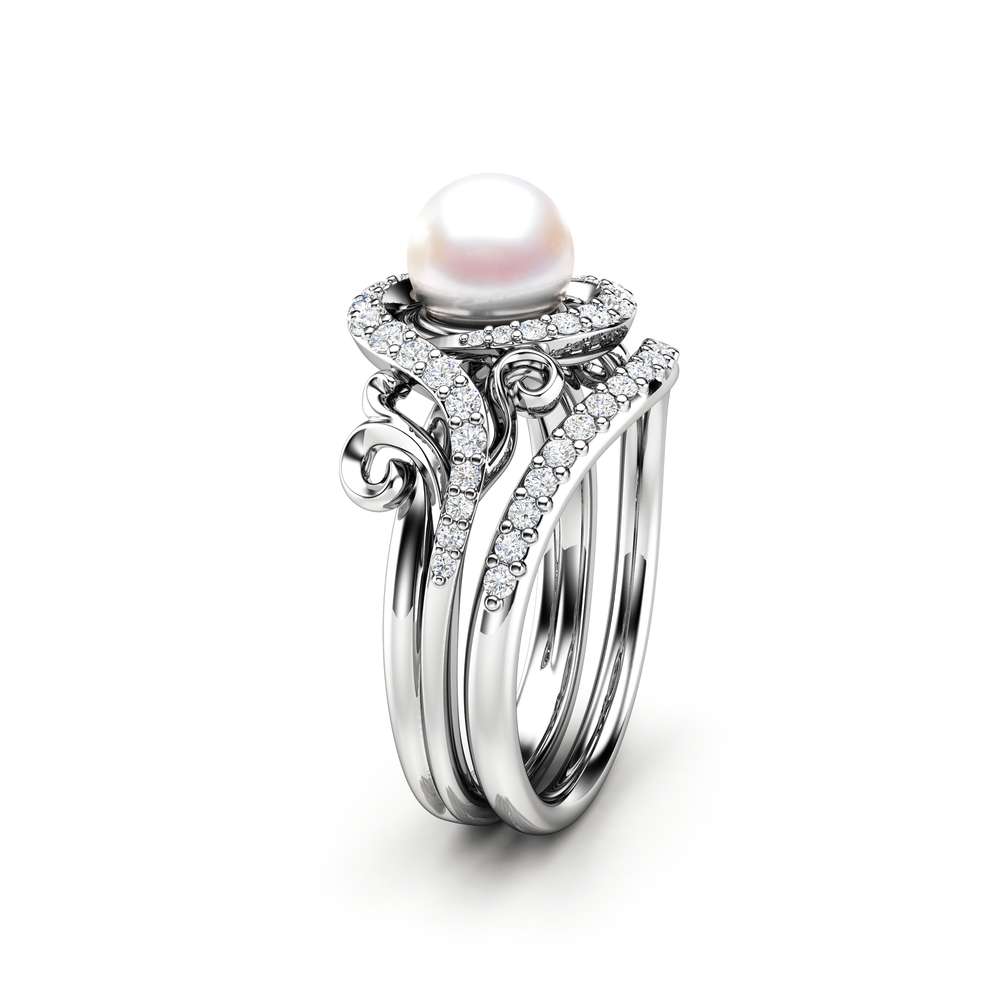 Pearl Engagement Ring Set White Gold Ring Leaf Engagement Ring Gold Pearl Ring 1 Pearl Engagement Ring Set White Gold Ring Leaf Engagement Ring Gold Pearl Ring