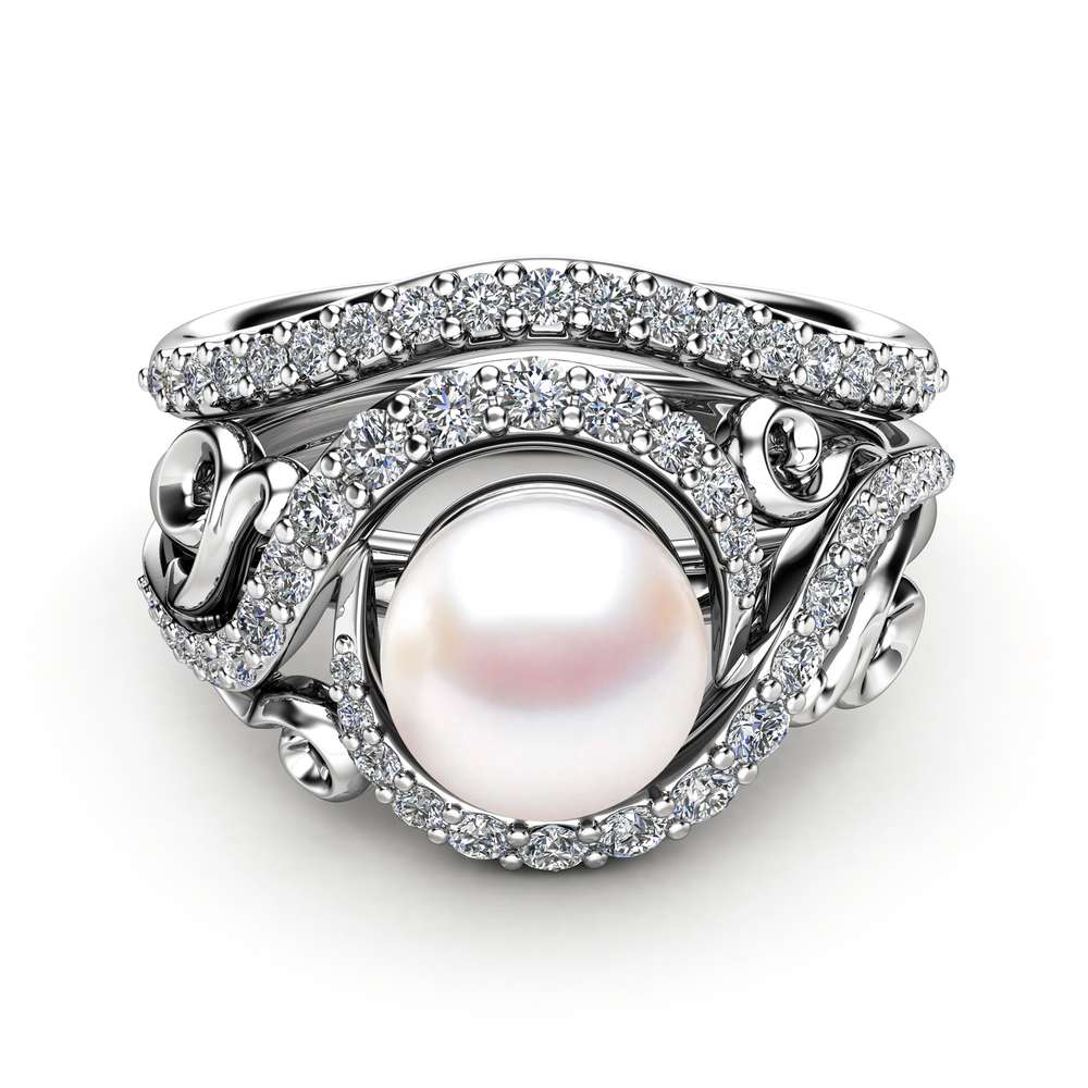 Pearl Engagement Ring Set White Gold Ring Leaf Engagement Ring Gold Pearl Ring 2 Pearl Engagement Ring Set White Gold Ring Leaf Engagement Ring Gold Pearl Ring