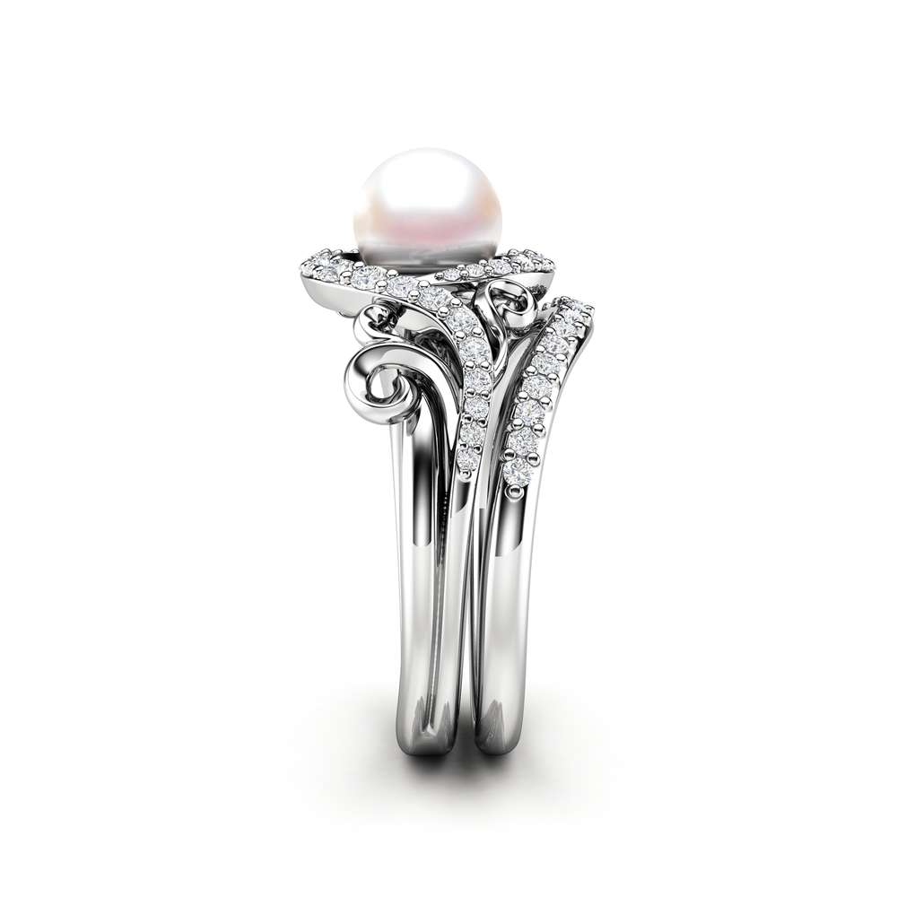 Pearl Engagement Ring Set White Gold Ring Leaf Engagement Ring Gold Pearl Ring 3 Pearl Engagement Ring Set White Gold Ring Leaf Engagement Ring Gold Pearl Ring