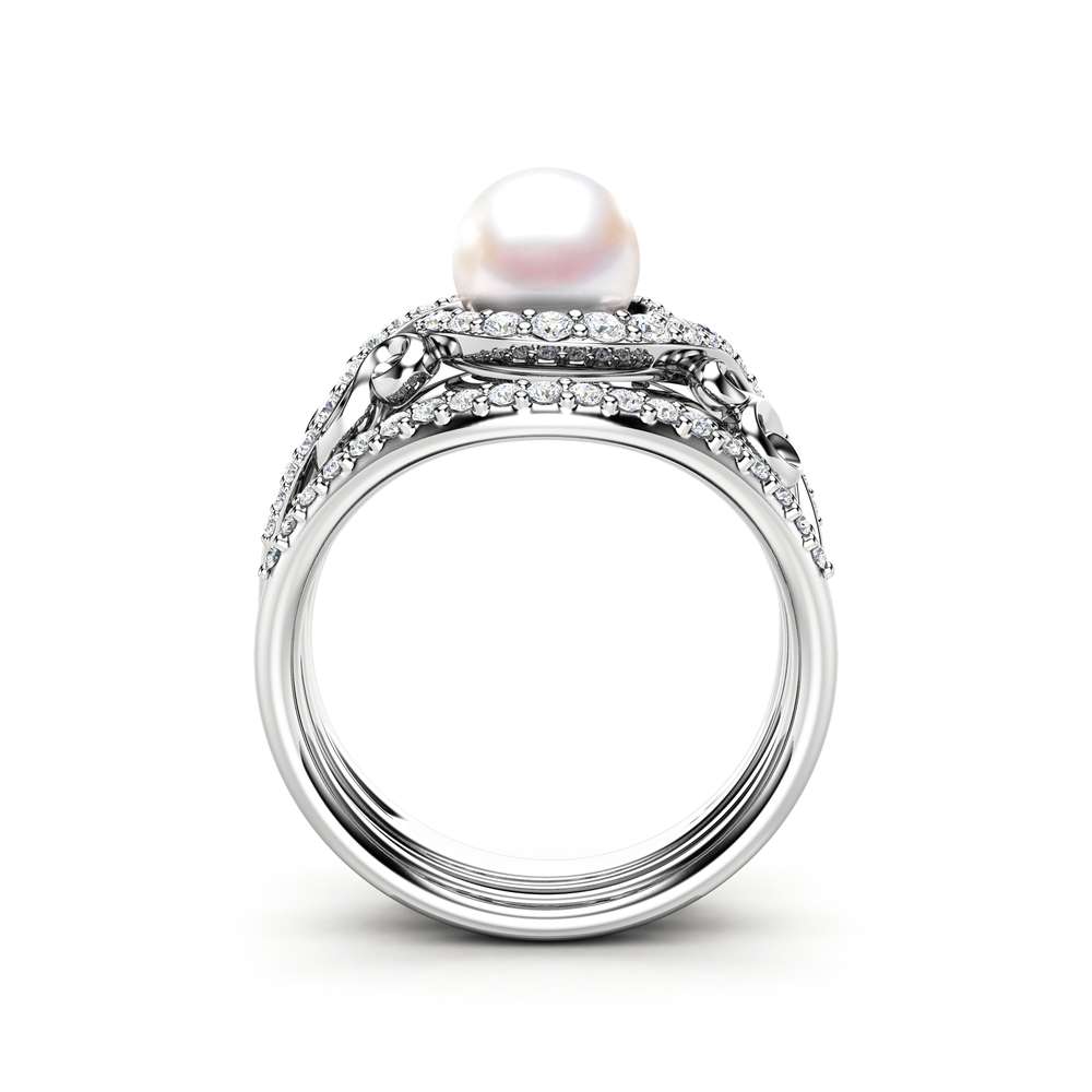 Pearl Engagement Ring Set White Gold Ring Leaf Engagement Ring Gold Pearl Ring 4 Pearl Engagement Ring Set White Gold Ring Leaf Engagement Ring Gold Pearl Ring