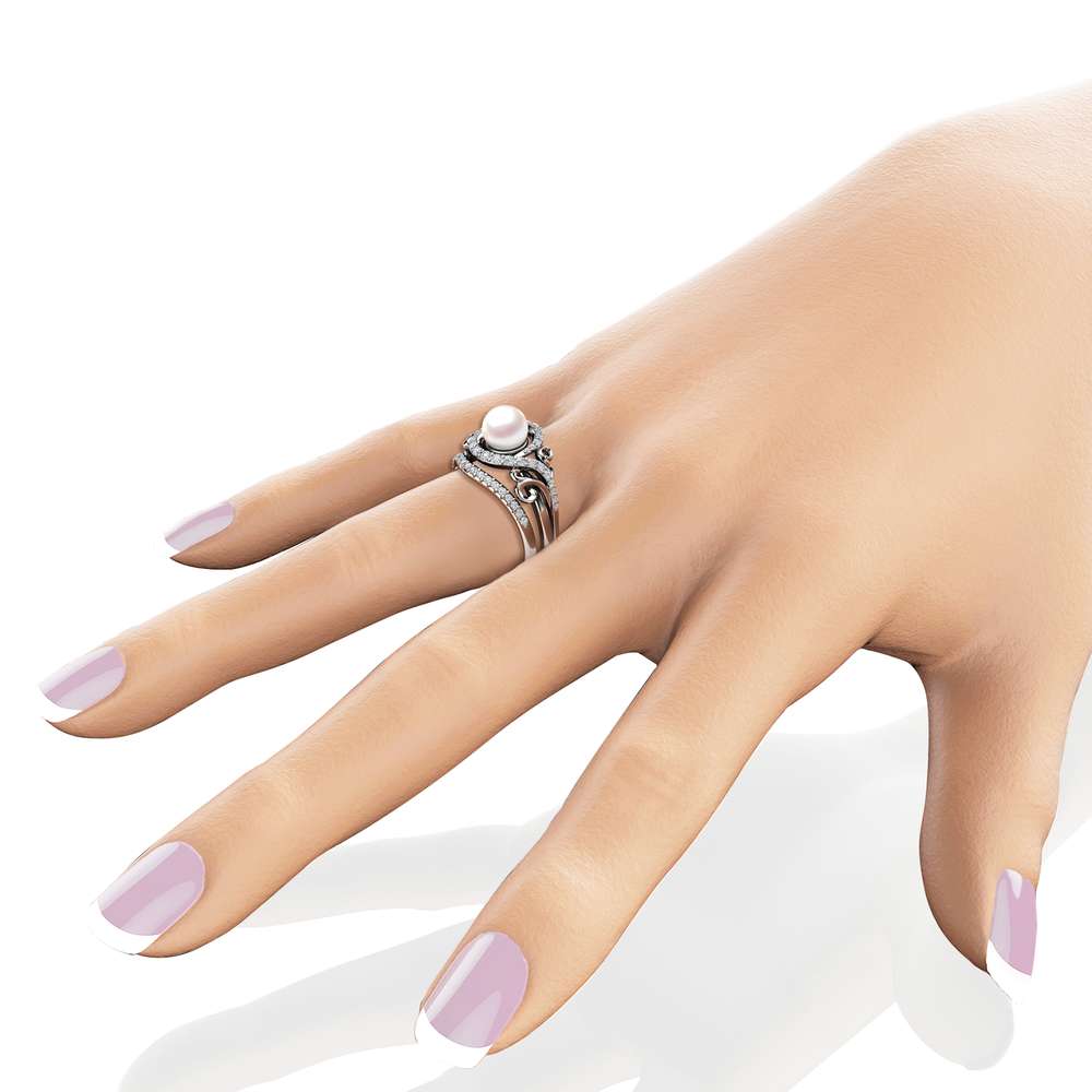 Pearl Engagement Ring Set White Gold Ring Leaf Engagement Ring Gold Pearl Ring 5 Pearl Engagement Ring Set White Gold Ring Leaf Engagement Ring Gold Pearl Ring