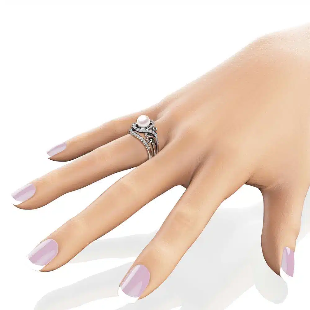 Pearl Engagement Ring Set White Gold Ring Leaf Engagement Ring Gold Pearl Ring 5 Pearl Engagement Ring Set White Gold Ring Leaf Engagement Ring Gold Pearl Ring