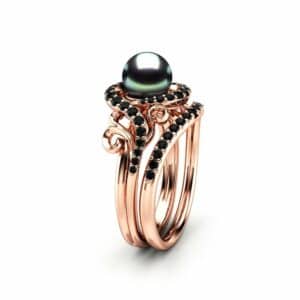 Black Pearl Engagement Ring Set Rose Gold Rings Leaf Engagement Ring Black Diamonds Rings