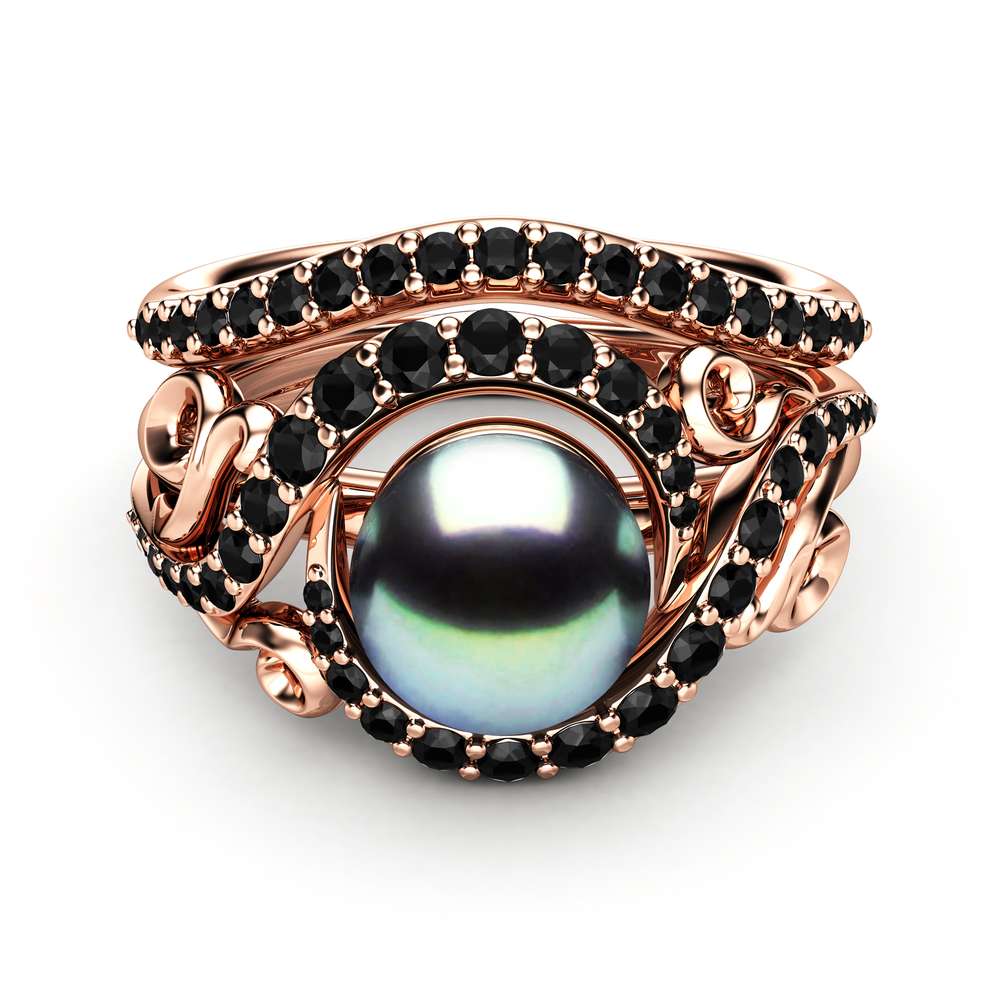 Black Pearl Engagement Ring Set Rose Gold Rings Leaf Engagement Ring Black Diamonds Rings 2 Black Pearl Engagement Ring Set Rose Gold Rings Leaf Engagement Ring Black Diamonds Rings