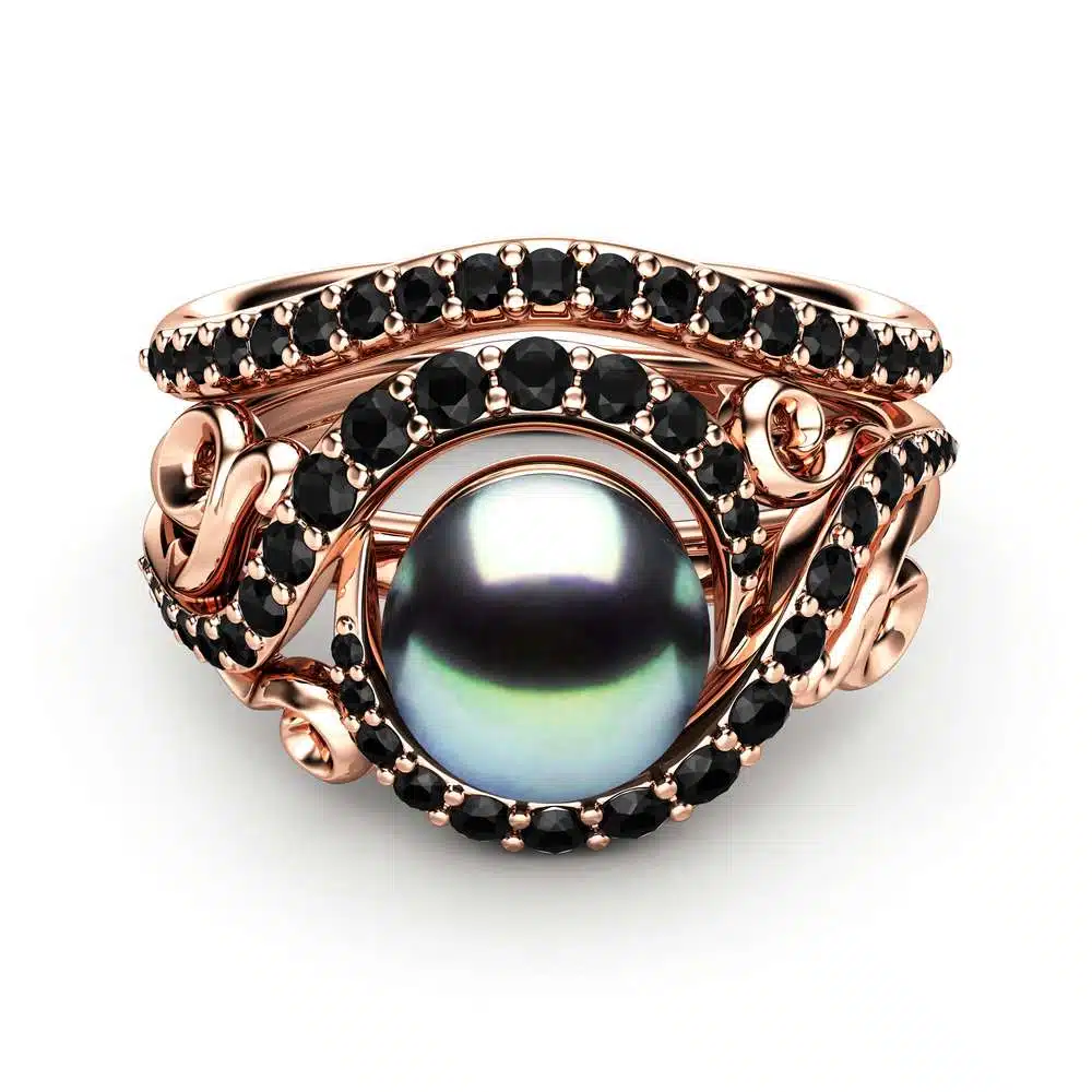 Black Pearl Engagement Ring Set Rose Gold Rings Leaf Engagement Ring Black Diamonds Rings
