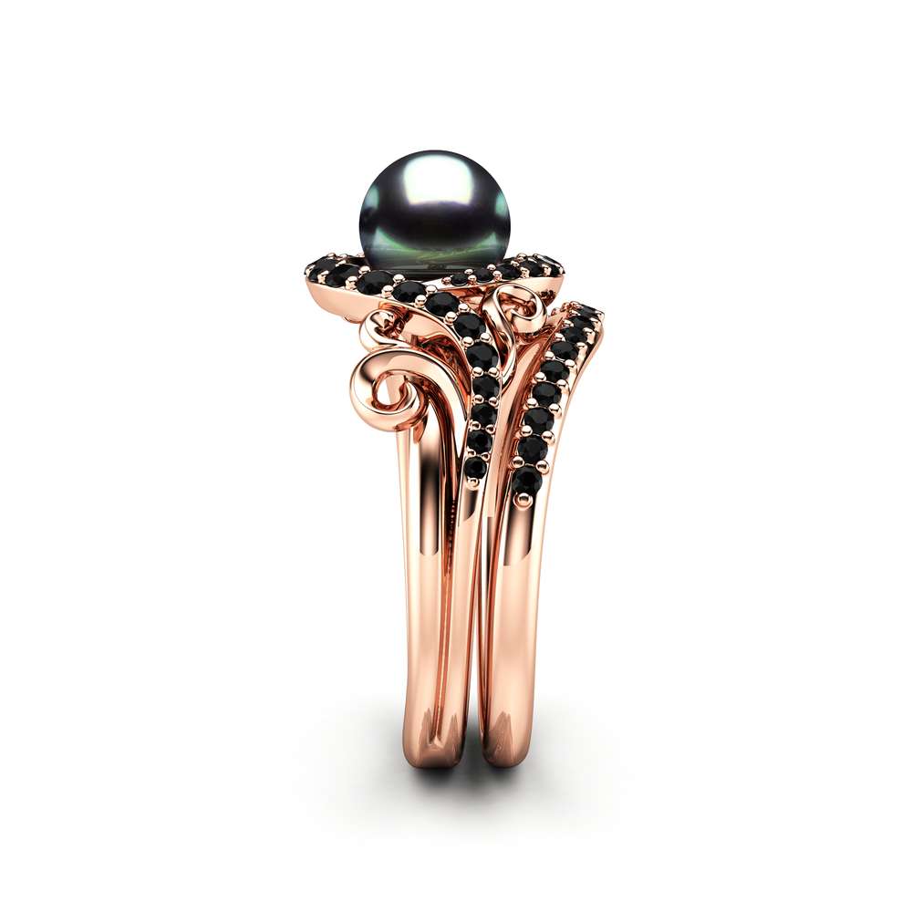 Black Pearl Engagement Ring Set Rose Gold Rings Leaf Engagement Ring Black Diamonds Rings 3 Black Pearl Engagement Ring Set Rose Gold Rings Leaf Engagement Ring Black Diamonds Rings