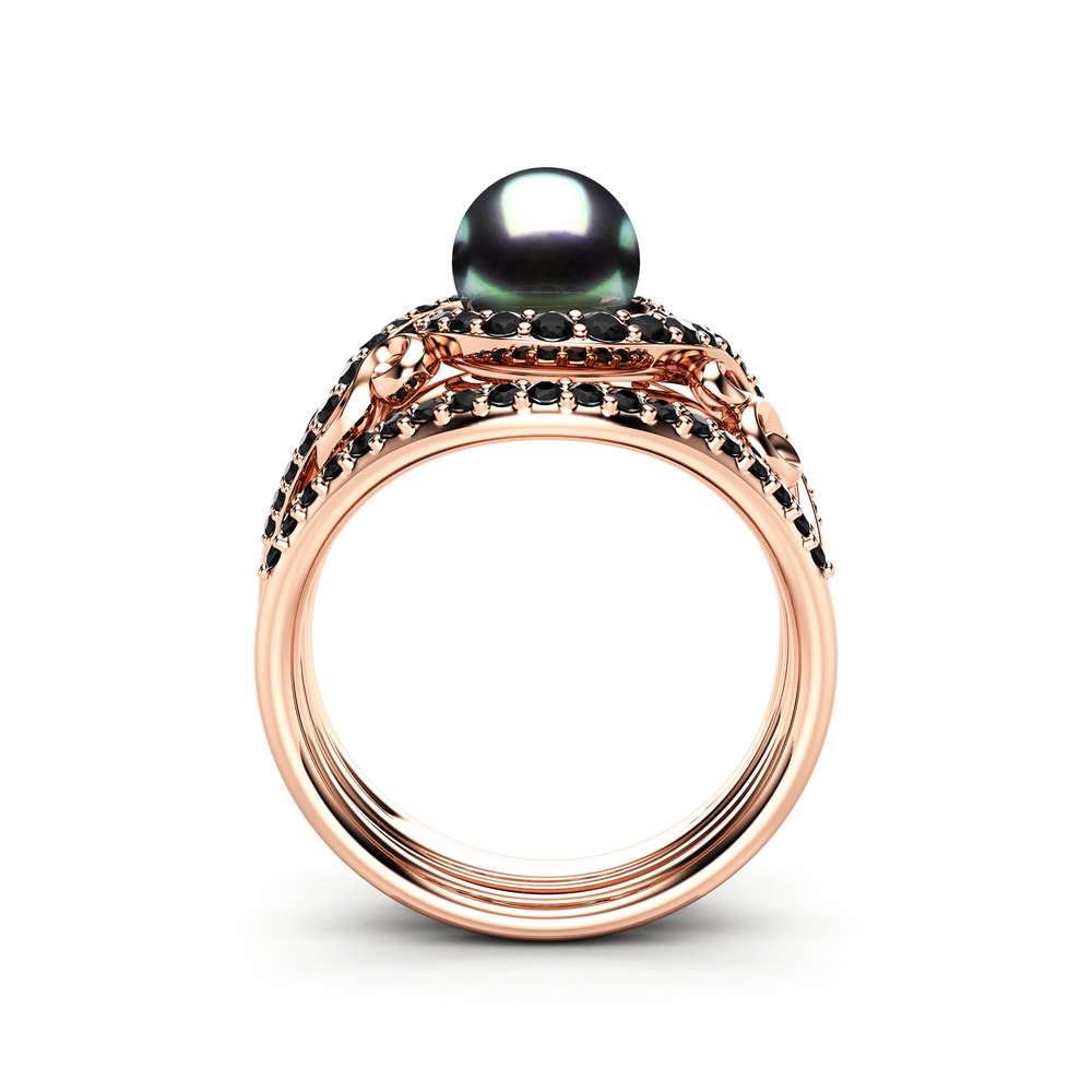 Black Pearl Engagement Ring Set Rose Gold Rings Leaf Engagement Ring Black Diamonds Rings 4 Black Pearl Engagement Ring Set Rose Gold Rings Leaf Engagement Ring Black Diamonds Rings
