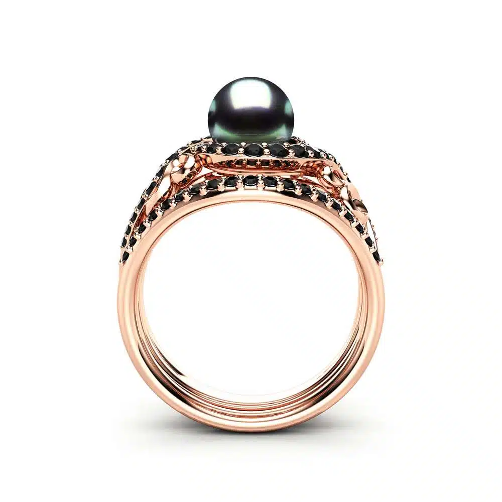Black Pearl Engagement Ring Set Rose Gold Rings Leaf Engagement Ring Black Diamonds Rings