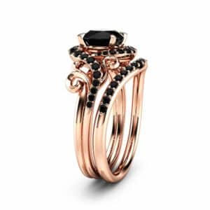 Rose Gold Diamonds Engagement Ring Set Unique Black Diamond Leaf Ring with Matching Band