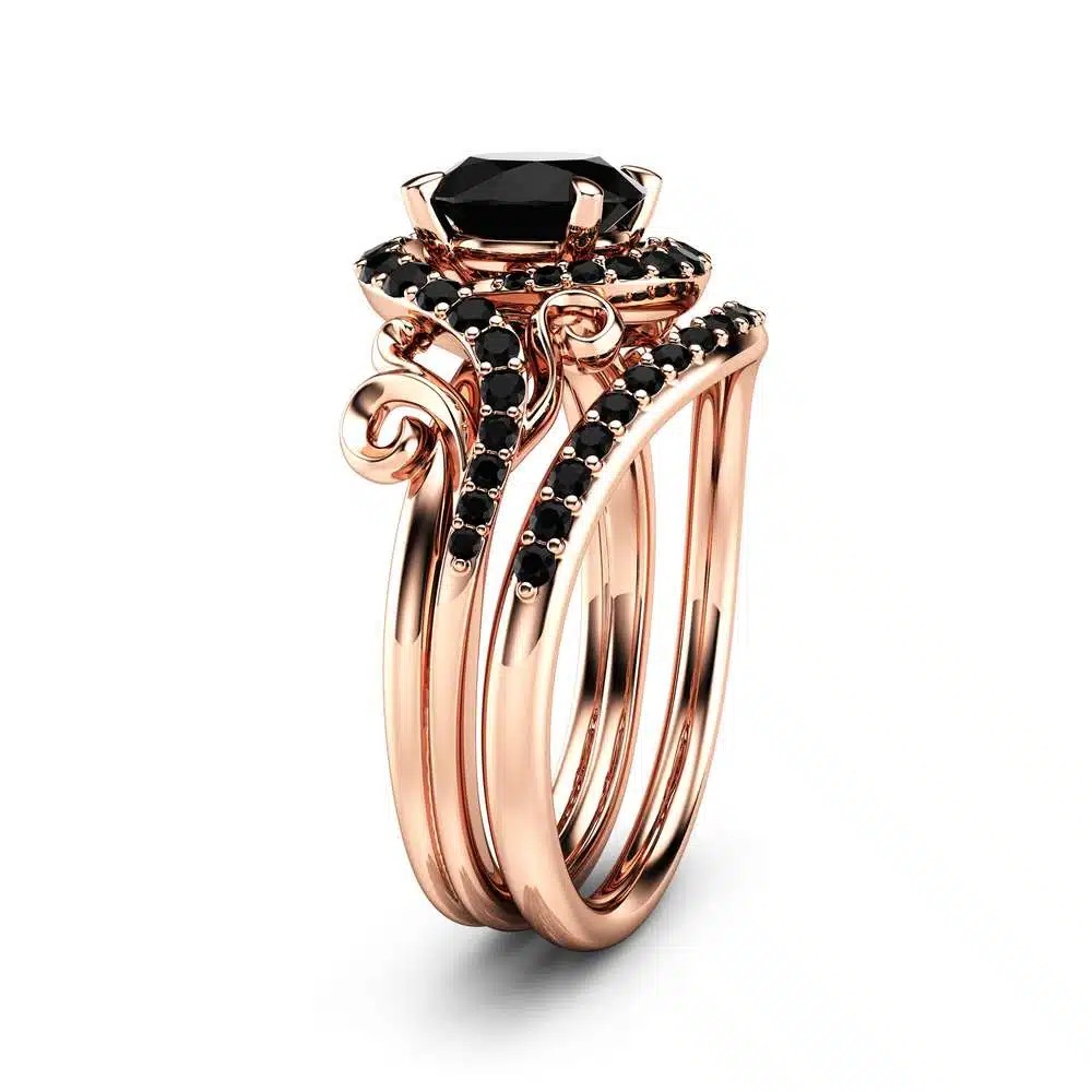 Rose Gold Diamonds Engagement Ring Set Unique Black Diamond Leaf Ring with Matching Band