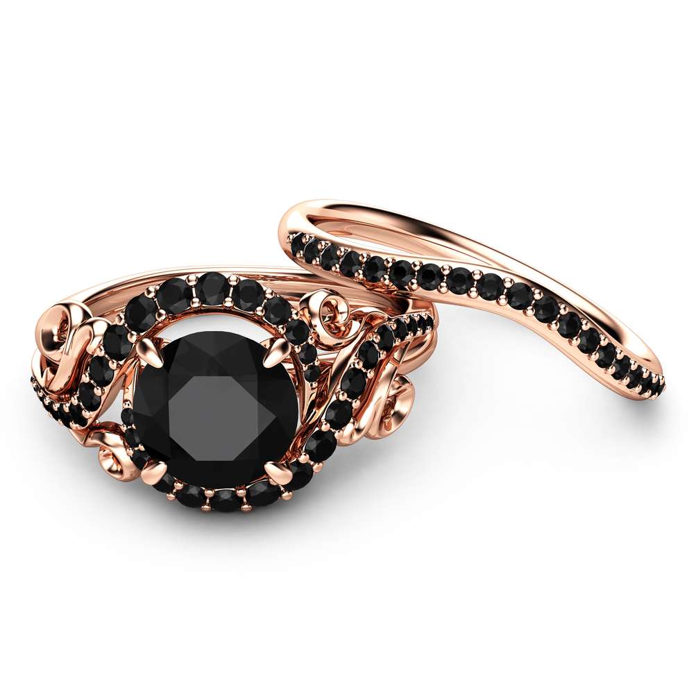 Rose Gold Diamonds Engagement Ring Set Unique Black Diamond Leaf Ring with Matching Band