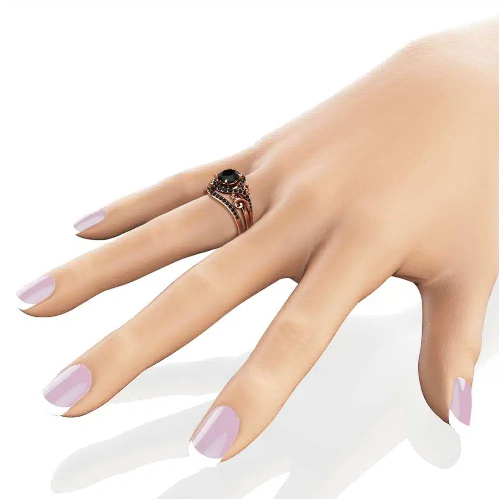 Rose Gold Diamonds Engagement Ring Set Unique Black Diamond Leaf Ring with Matching Band