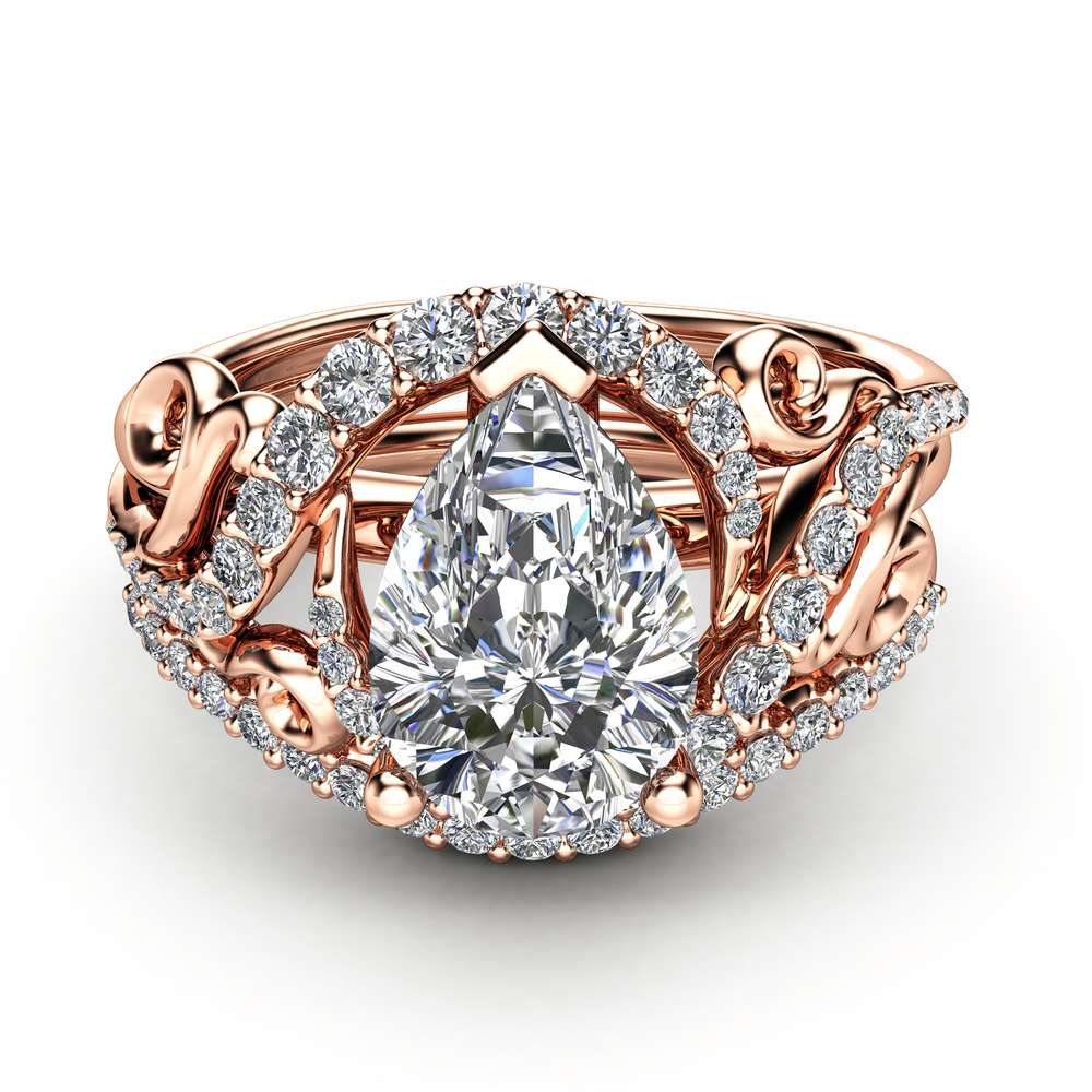 Pear Engagement Ring Set Pear Cut Moissanite Ring 14K Rose Gold Ring Unique Wedding Rings 2 Pear Engagement Ring Set Pear Cut Moissanite Ring 14K Rose Gold Ring Unique Wedding Rings