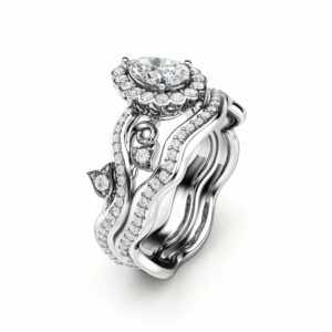 Pear Shaped Diamond Engagement Ring Halo Engagement Ring Set 14K White Gold Rings