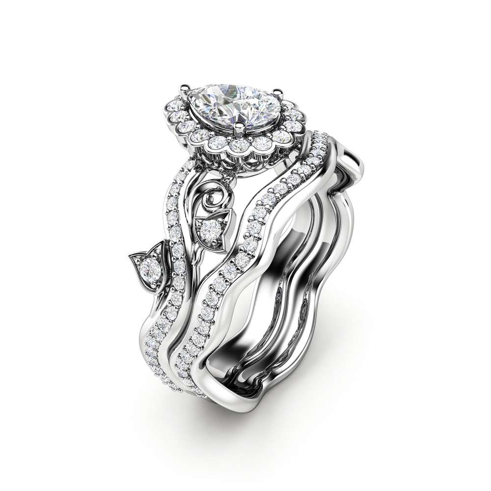Pear Shaped Diamond Engagement Ring Halo Engagement Ring Set 14K White Gold Rings 1 Pear Shaped Diamond Engagement Ring Halo Engagement Ring Set 14K White Gold Rings