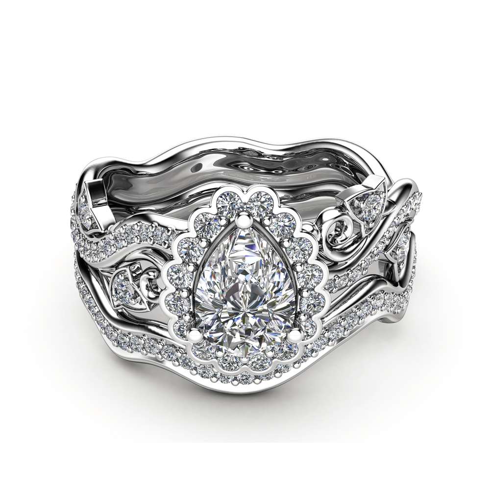 Pear Shaped Diamond Engagement Ring Halo Engagement Ring Set 14K White Gold Rings 2 Pear Shaped Diamond Engagement Ring Halo Engagement Ring Set 14K White Gold Rings