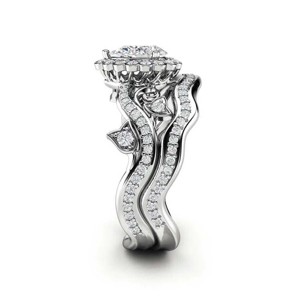 Pear Shaped Diamond Engagement Ring Halo Engagement Ring Set 14K White Gold Rings 3 Pear Shaped Diamond Engagement Ring Halo Engagement Ring Set 14K White Gold Rings