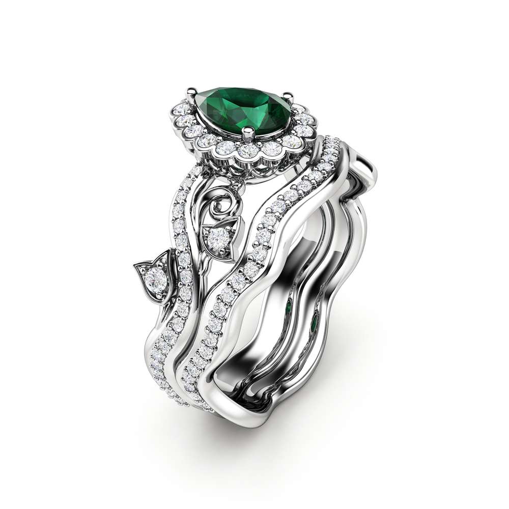 Emerald Engagement Ring 14K White Gold Rings Pear Emerald Ring Halo Engagement Ring Set 1 Emerald Engagement Ring 14K White Gold Rings Pear Emerald Ring Halo Engagement Ring Set