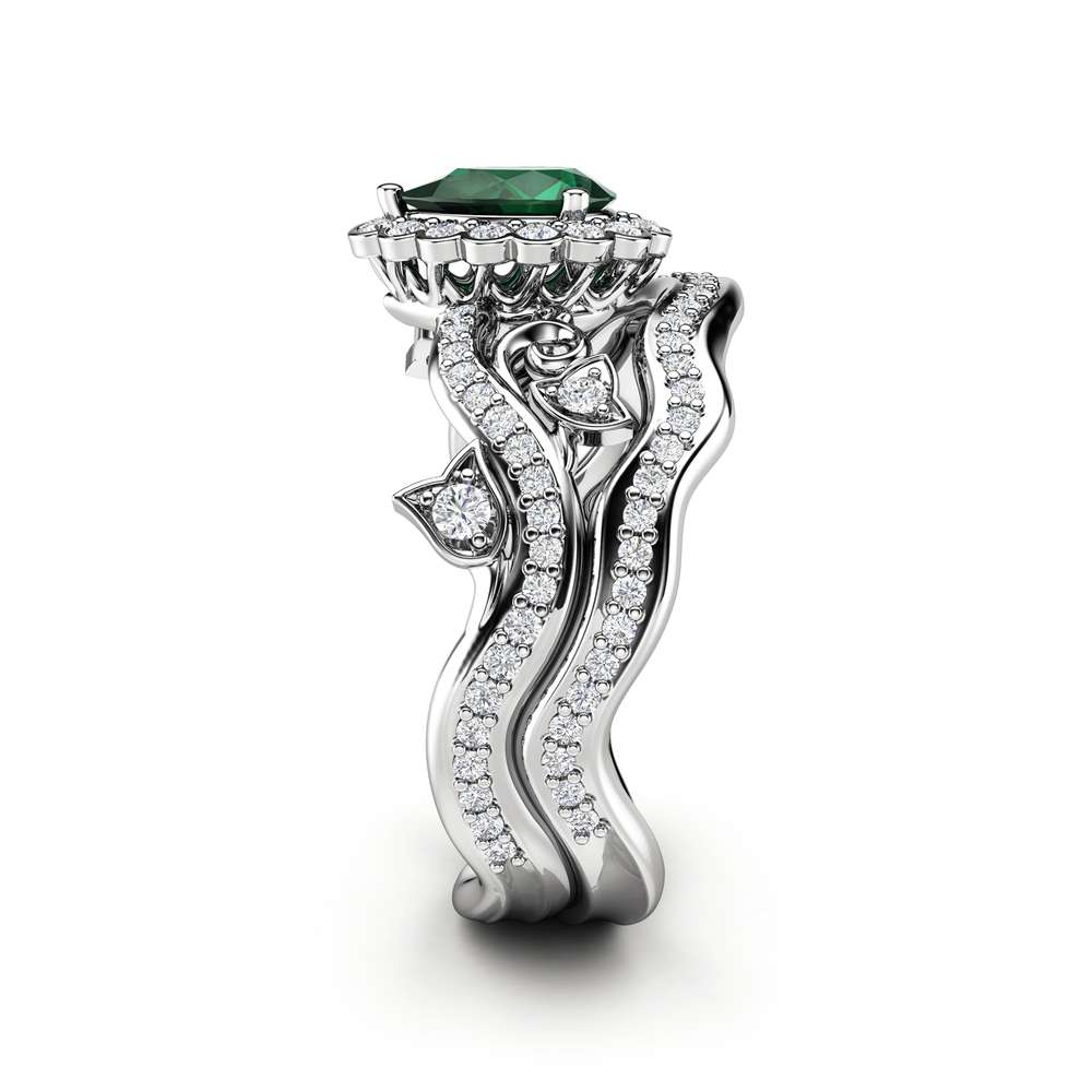 Emerald Engagement Ring 14K White Gold Rings Pear Emerald Ring Halo Engagement Ring Set 3 Emerald Engagement Ring 14K White Gold Rings Pear Emerald Ring Halo Engagement Ring Set