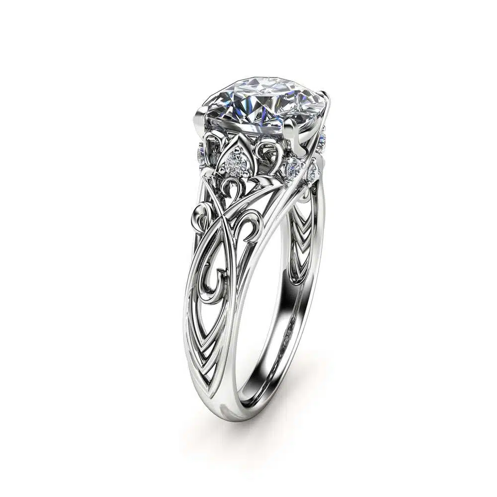 Cushion Moissanite Engagement Ring 14K White Gold Cushion Ring Unique Moissanite Engagement Ring Art Deco Ring