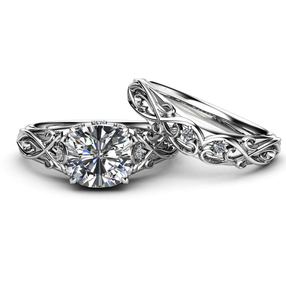 2 Carat Moissanite Engagement Ring Set 14K White Gold Engagement Rings Unique Art Deco Design Ring Set