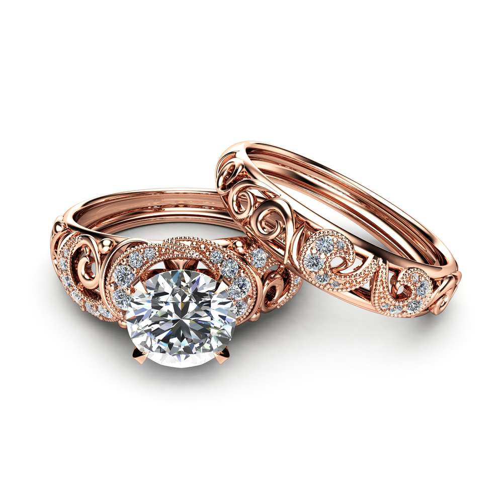 14K Rose Gold Moissanite Bridal Set Unique Engagement Rings Art Deco Engagement Ring Filigree Bridal Ring Set
