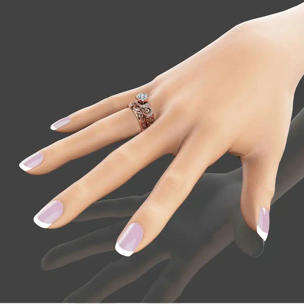 14K Rose Gold Moissanite Bridal Set Unique Engagement Rings Art Deco Engagement Ring Filigree Bridal Ring Set