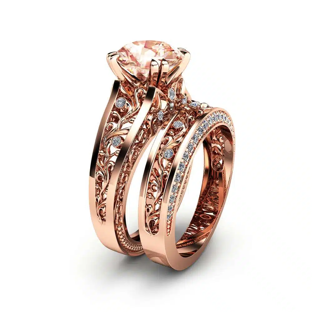 Rose Gold Morganite Engagement Ring Set Unique 2 Carat Morganite Ring with Matching Band 14K Rose Gold Engagement Rings 1 Rose Gold Morganite Engagement Ring Set Unique 2 Carat Morganite Ring with Matching Band 14K Rose Gold Engagement Rings