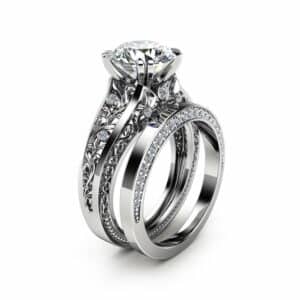 White Gold Moissanite Engagement Ring Set Unique 2 Carat Moissanite Ring with Matching Band 14K White Gold Engagement Rings