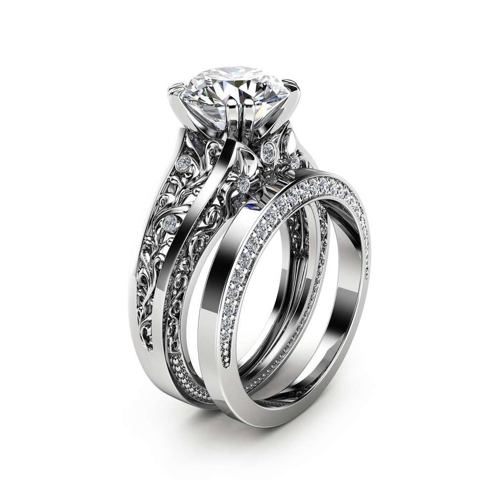 White Gold Moissanite Engagement Ring Set Unique 2 Carat Moissanite Ring with Matching Band 14K White Gold Engagement Rings 1 White Gold Moissanite Engagement Ring Set Unique 2 Carat Moissanite Ring with Matching Band 14K White Gold Engagement Rings