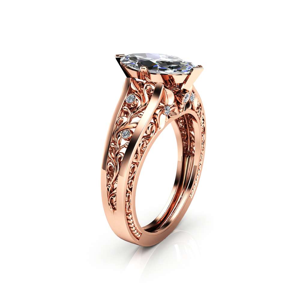 Marquise Moissanite Engagement Ring Unique Moissanite Engagement Ring 14K Rose Gold Filigree Art Deco Ring 1 Marquise Moissanite Engagement Ring Unique Moissanite Engagement Ring 14K Rose Gold Filigree Art Deco Ring